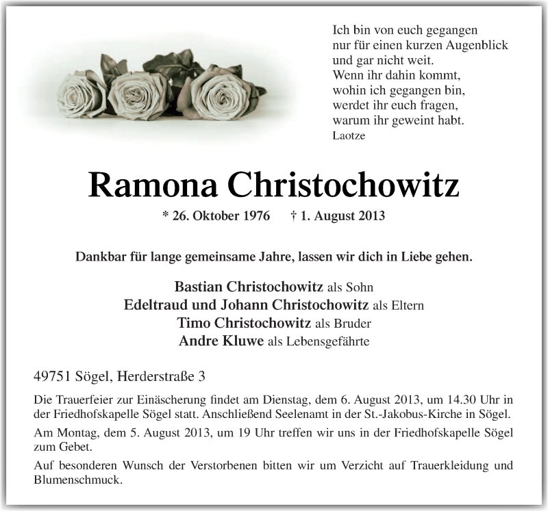  Traueranzeige für Ramona Christochowitz vom 03.08.2013 aus Neue Osnabrücker Zeitung GmbH & Co. KG