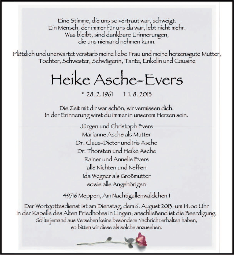  Traueranzeige für Heike Asche-Evers vom 03.08.2013 aus Neue Osnabrücker Zeitung GmbH & Co. KG