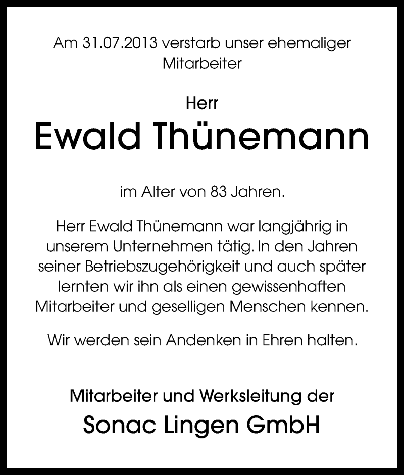 Traueranzeige für Ewald Thünemann vom 05.08.2013 aus Neue Osnabrücker Zeitung GmbH & Co. KG