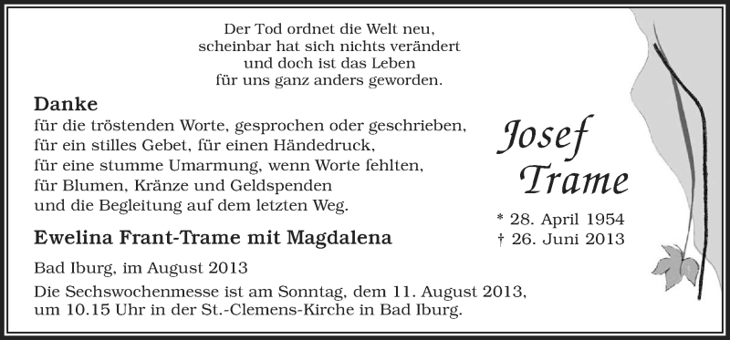  Traueranzeige für Josef Trame vom 03.08.2013 aus Neue Osnabrücker Zeitung GmbH & Co. KG
