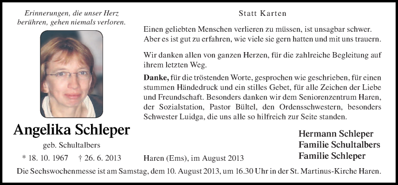  Traueranzeige für Angelika Schleper vom 07.08.2013 aus Neue Osnabrücker Zeitung GmbH & Co. KG