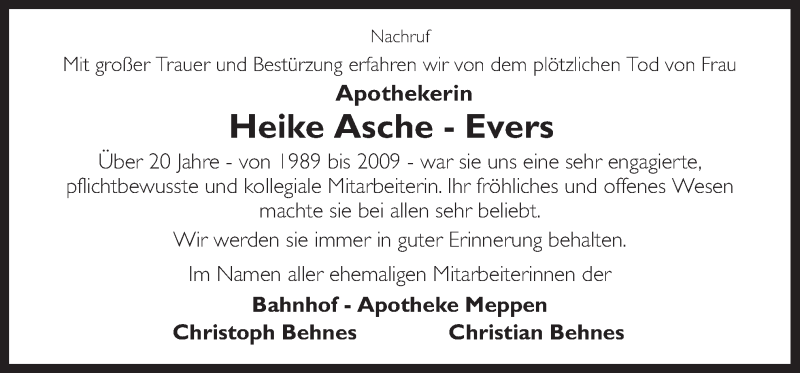  Traueranzeige für Heike Asche-Evers vom 05.08.2013 aus Neue Osnabrücker Zeitung GmbH & Co. KG