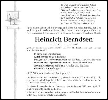 Traueranzeige von Heinrich Berndsen von Neue Osnabrücker Zeitung GmbH & Co. KG