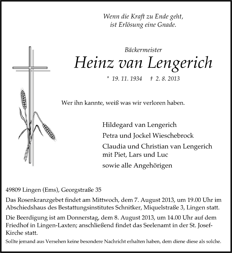  Traueranzeige für Heinz van Lengerich vom 05.08.2013 aus Neue Osnabrücker Zeitung GmbH & Co. KG