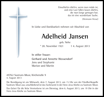 Traueranzeige von Adelheid Jansen von Neue Osnabrücker Zeitung GmbH & Co. KG