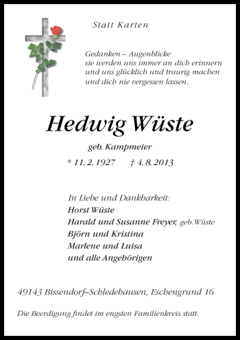 Traueranzeige von Hedwig Wüste von Neue Osnabrücker Zeitung GmbH & Co. KG