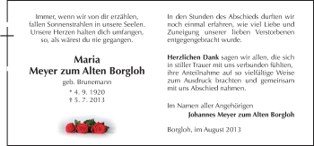 Traueranzeige von Maria Meyer zum Alten Borgloh von Neue Osnabrücker Zeitung GmbH & Co. KG