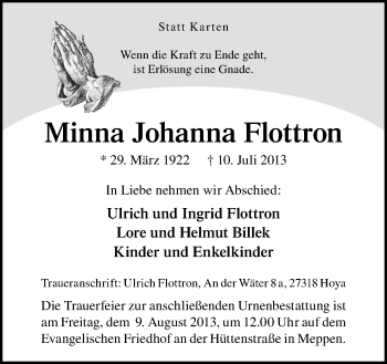 Traueranzeige von Minna Johanna Flottron von Neue Osnabrücker Zeitung GmbH & Co. KG
