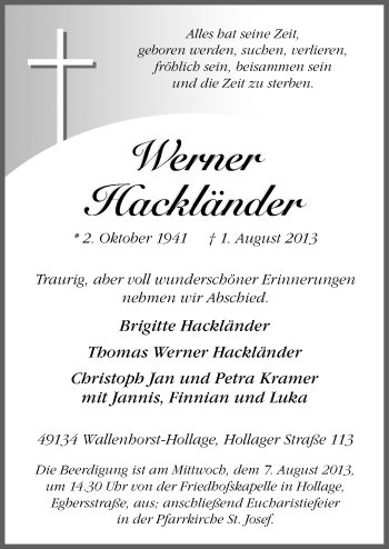 Traueranzeige von Werner Hackländer von Neue Osnabrücker Zeitung GmbH & Co. KG