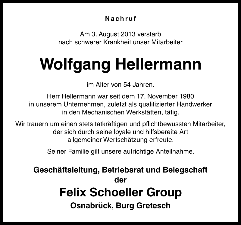  Traueranzeige für Wolfgang Hellermann vom 07.08.2013 aus Neue Osnabrücker Zeitung GmbH & Co. KG