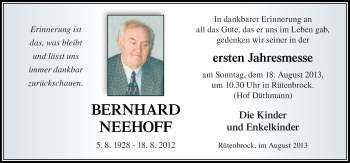 Traueranzeige von Bernhard Neehoff von Neue Osnabrücker Zeitung GmbH & Co. KG