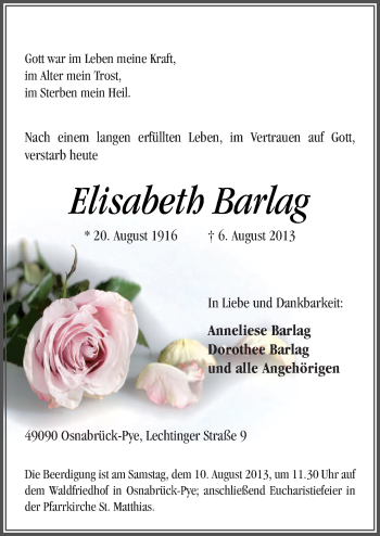 Traueranzeige von Elisabeth Barlag von Neue Osnabrücker Zeitung GmbH & Co. KG