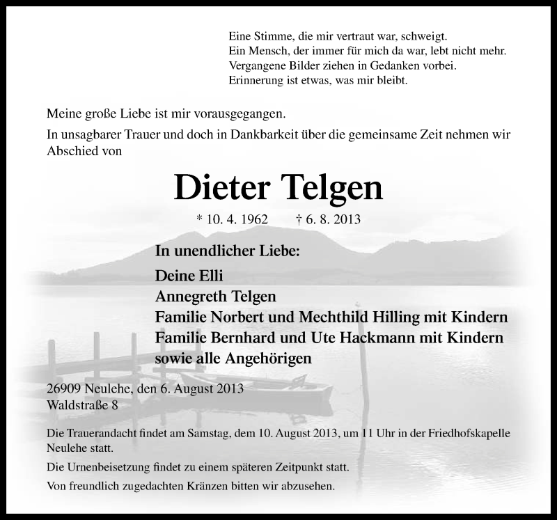 Traueranzeige für Dieter Telgen vom 08.08.2013 aus Neue Osnabrücker Zeitung GmbH & Co. KG