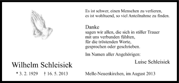 Traueranzeige von Wilhelm Schleisiek von Neue Osnabrücker Zeitung GmbH & Co. KG