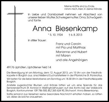 Traueranzeige von Anna Biesenkamp von Neue Osnabrücker Zeitung GmbH & Co. KG