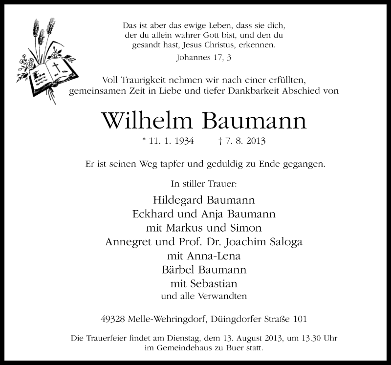  Traueranzeige für Wilhelm Baumann vom 09.08.2013 aus Neue Osnabrücker Zeitung GmbH & Co. KG