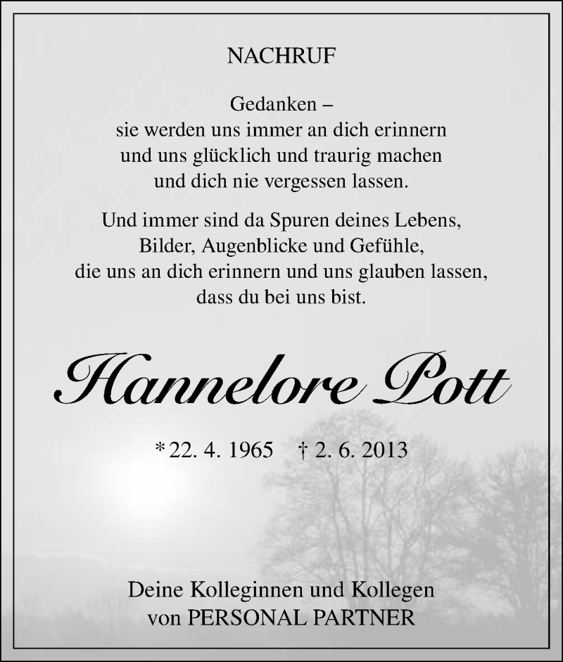  Traueranzeige für Hannelore Pott vom 10.08.2013 aus Neue Osnabrücker Zeitung GmbH & Co. KG