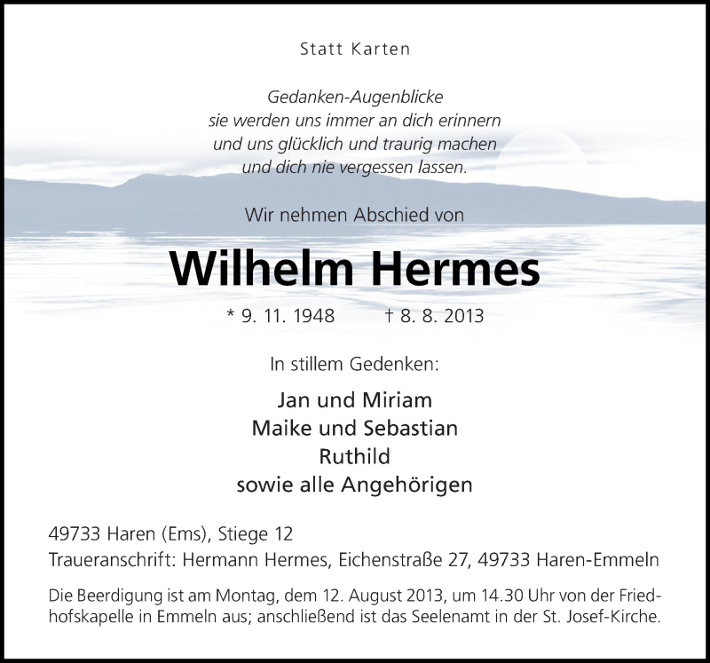  Traueranzeige für Wilhelm Hermes vom 10.08.2013 aus Neue Osnabrücker Zeitung GmbH & Co. KG