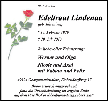 Traueranzeige von Edeltraut Lindenau von Neue Osnabrücker Zeitung GmbH & Co. KG