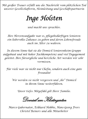 Traueranzeige von Inge Holsten von Neue Osnabrücker Zeitung GmbH & Co. KG