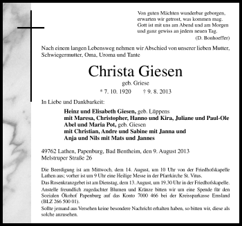 Traueranzeige von Christa Giesen von Neue Osnabrücker Zeitung GmbH & Co. KG