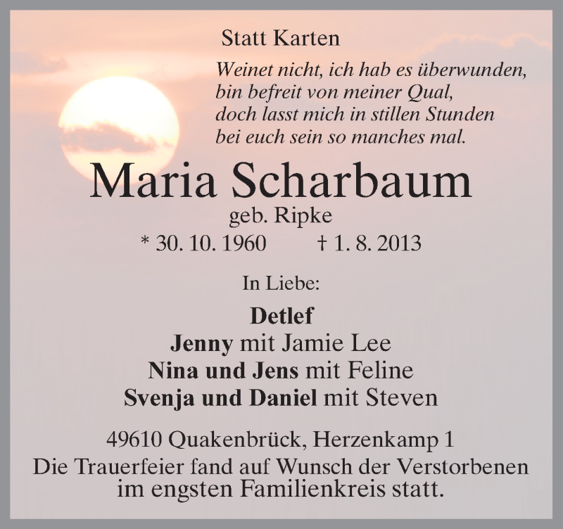  Traueranzeige für Maria Scharbaum vom 15.08.2013 aus Neue Osnabrücker Zeitung GmbH & Co. KG