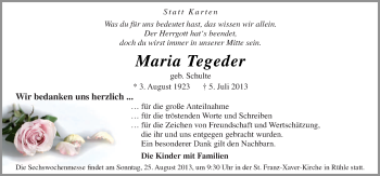 Traueranzeige von Maria Tegeder von Neue Osnabrücker Zeitung GmbH & Co. KG