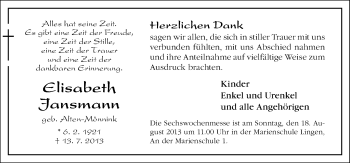 Traueranzeige von Elisabeth Jansmann von Neue Osnabrücker Zeitung GmbH & Co. KG