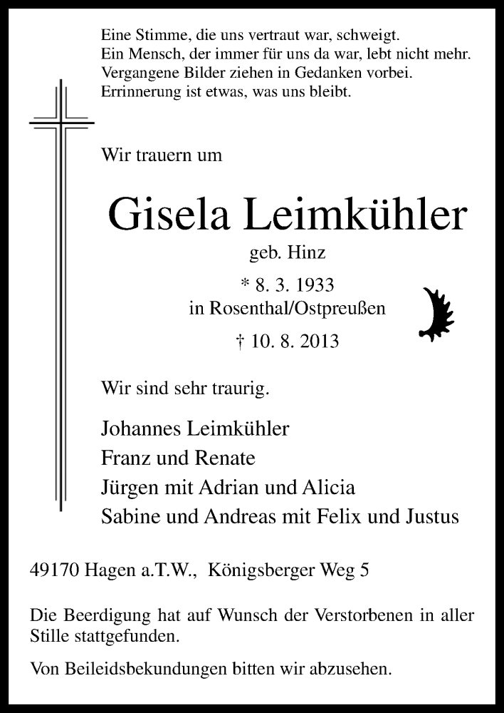  Traueranzeige für Gisela Leimkühler vom 15.08.2013 aus Neue Osnabrücker Zeitung GmbH & Co. KG