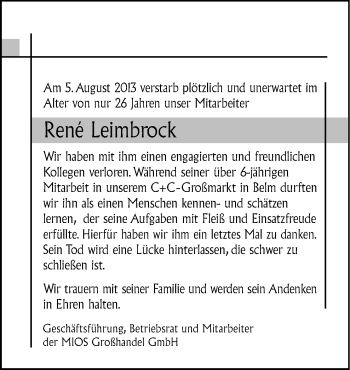 Traueranzeige von René Leimbrock von Neue Osnabrücker Zeitung GmbH & Co. KG