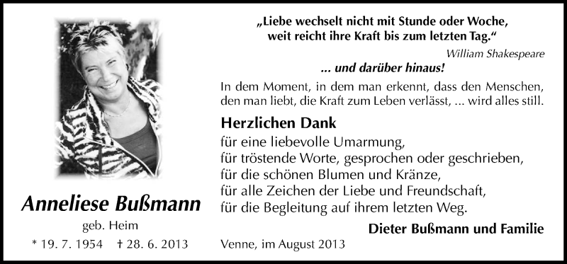  Traueranzeige für Anneliese Bußmann vom 17.08.2013 aus Neue Osnabrücker Zeitung GmbH & Co. KG