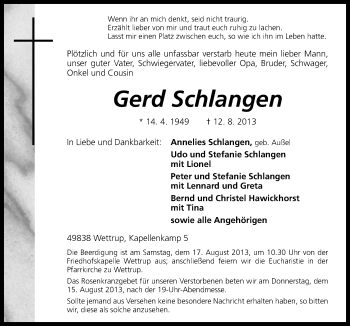 Traueranzeige von Gerd Schlangen von Neue Osnabrücker Zeitung GmbH & Co. KG