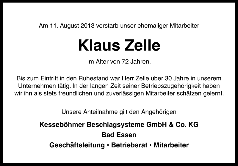  Traueranzeige für Klaus Zelle vom 20.08.2013 aus Neue Osnabrücker Zeitung GmbH & Co. KG