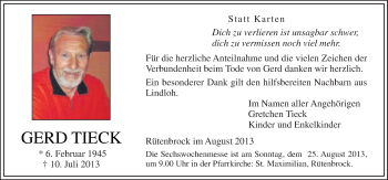 Traueranzeige von Gerd Tieck von Neue Osnabrücker Zeitung GmbH & Co. KG