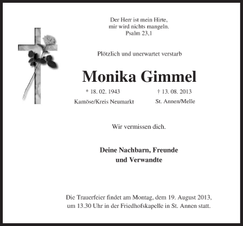 Traueranzeige von Monika Gimmel von Neue Osnabrücker Zeitung GmbH & Co. KG