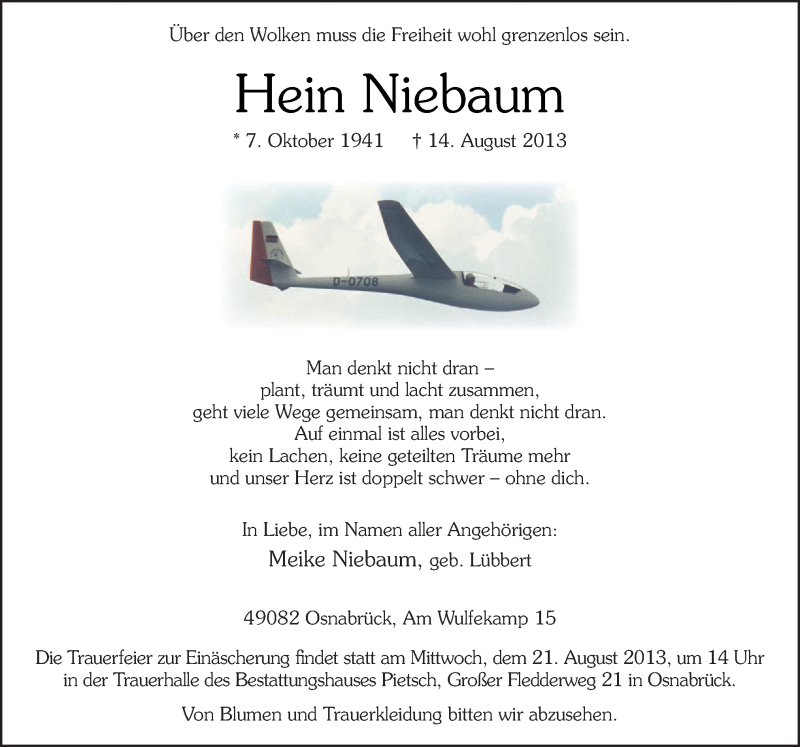  Traueranzeige für Hein Niebaum vom 16.08.2013 aus Neue Osnabrücker Zeitung GmbH & Co. KG