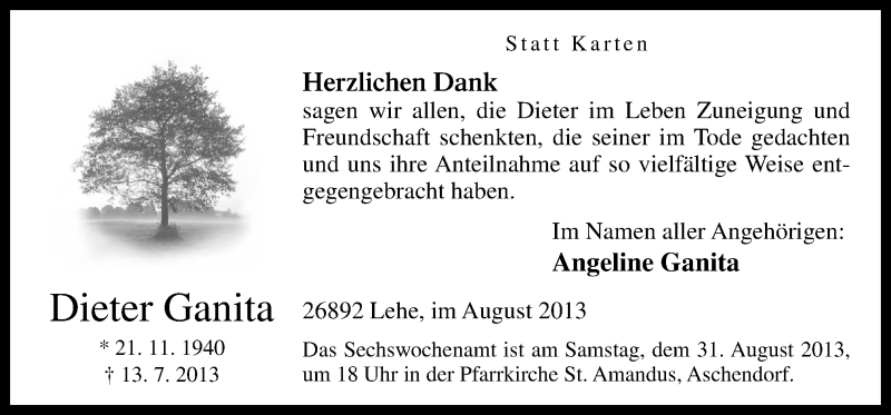  Traueranzeige für Dieter Ganita vom 28.08.2013 aus Neue Osnabrücker Zeitung GmbH & Co. KG