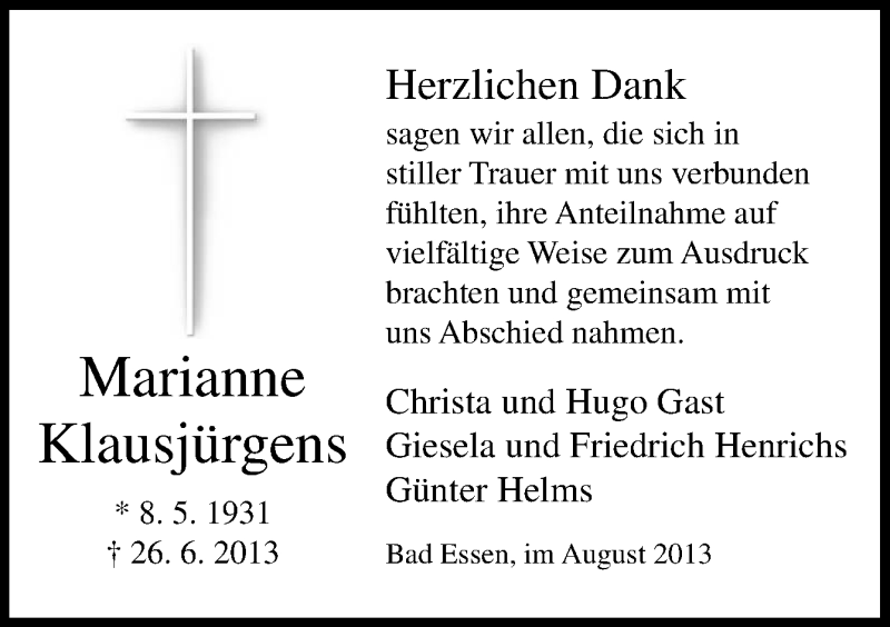  Traueranzeige für Marianne Klausjürgens vom 17.08.2013 aus Neue Osnabrücker Zeitung GmbH & Co. KG