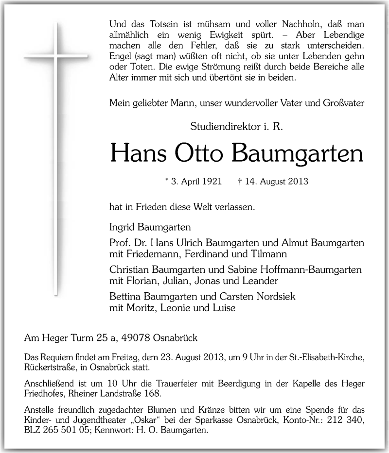  Traueranzeige für Hans Otto Baumgarten vom 17.08.2013 aus Neue Osnabrücker Zeitung GmbH & Co. KG