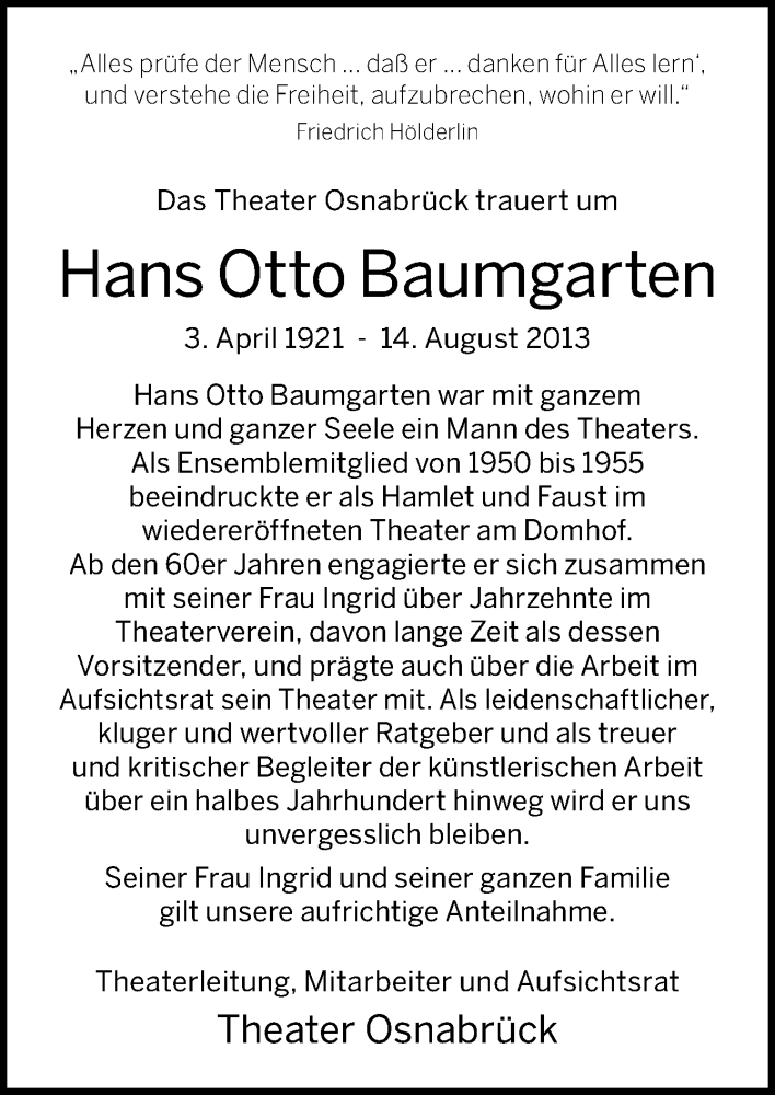  Traueranzeige für Hans Otto Baumgarten vom 17.08.2013 aus Neue Osnabrücker Zeitung GmbH & Co. KG
