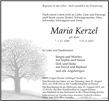 Traueranzeige von Maria Kerzel von Neue Osnabrücker Zeitung GmbH & Co. KG