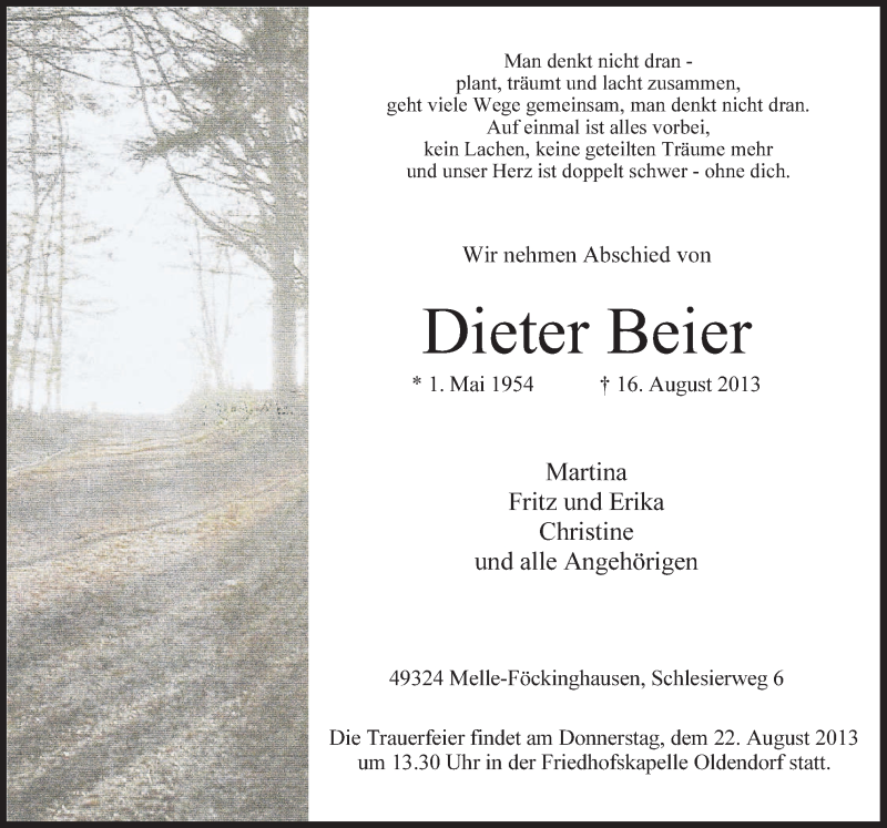  Traueranzeige für Dieter Beier vom 19.08.2013 aus Neue Osnabrücker Zeitung GmbH & Co. KG