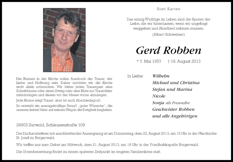  Traueranzeige für Gerd Robben vom 19.08.2013 aus Neue Osnabrücker Zeitung GmbH & Co. KG