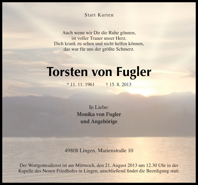  Traueranzeige für Torsten von Fugler vom 19.08.2013 aus Neue Osnabrücker Zeitung GmbH & Co. KG