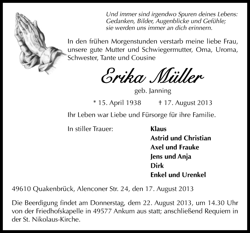  Traueranzeige für Erika Müller vom 19.08.2013 aus Neue Osnabrücker Zeitung GmbH & Co. KG