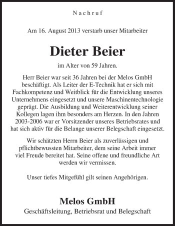 Traueranzeige von Dieter Beier von Neue Osnabrücker Zeitung GmbH & Co. KG