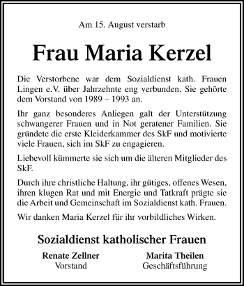 Traueranzeige von Maria Kerzel von Neue Osnabrücker Zeitung GmbH & Co. KG