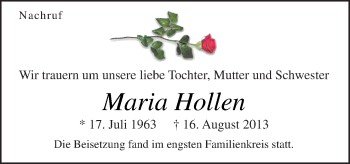 Traueranzeige von Maria Hollen von Neue Osnabrücker Zeitung GmbH & Co. KG