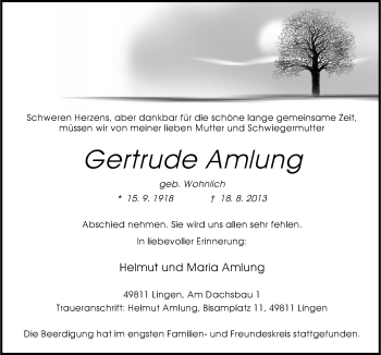 Traueranzeige von Gertrude Amlung von Neue Osnabrücker Zeitung GmbH & Co. KG