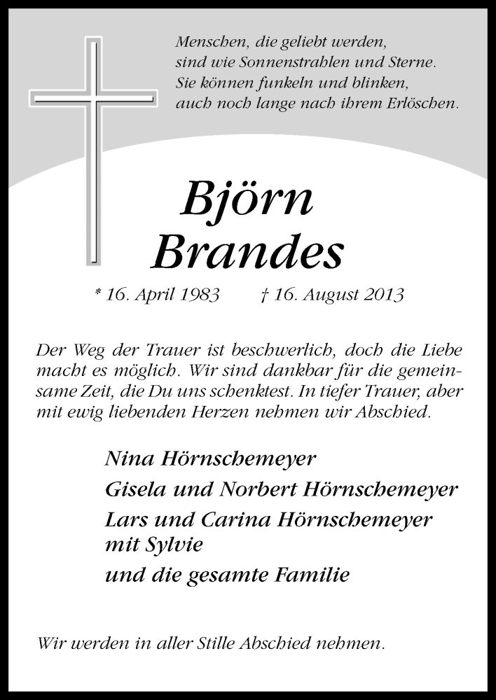  Traueranzeige für Björn Brandes vom 21.08.2013 aus Neue Osnabrücker Zeitung GmbH & Co. KG